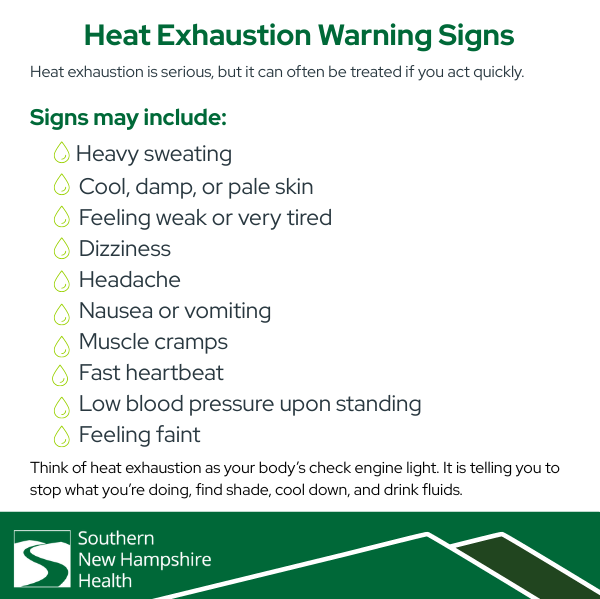 Heat exhaustion is serious, but it can often be treated if you act quickly.   Signs may include:   Heavy sweating  Cool, damp, or pale skin  Feeling weak or very tired  Dizziness  Headache  Nausea or vomiting  Muscle cramps  Fast heartbeat  Low blood pressure upon standing  Feeling faint  Think of heat exhaustion as your body’s check engine light. It is telling you to stop what you’re doing, find shade, cool down, and drink fluids. 