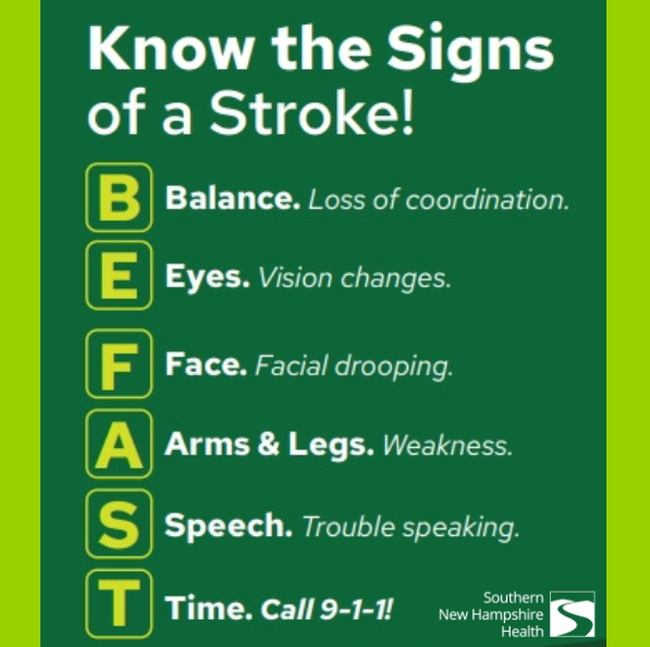 Know the Signs of Stroke B – Balance: Sudden loss of balance or coordination E – Eyes: Sudden vision changes in one or both eyes F – Face: One side of the face droops when smiling A – Arms: Weakness or numbness in one arm S – Speech: Slurred or difficult speech T – Time: Call 911 immediately